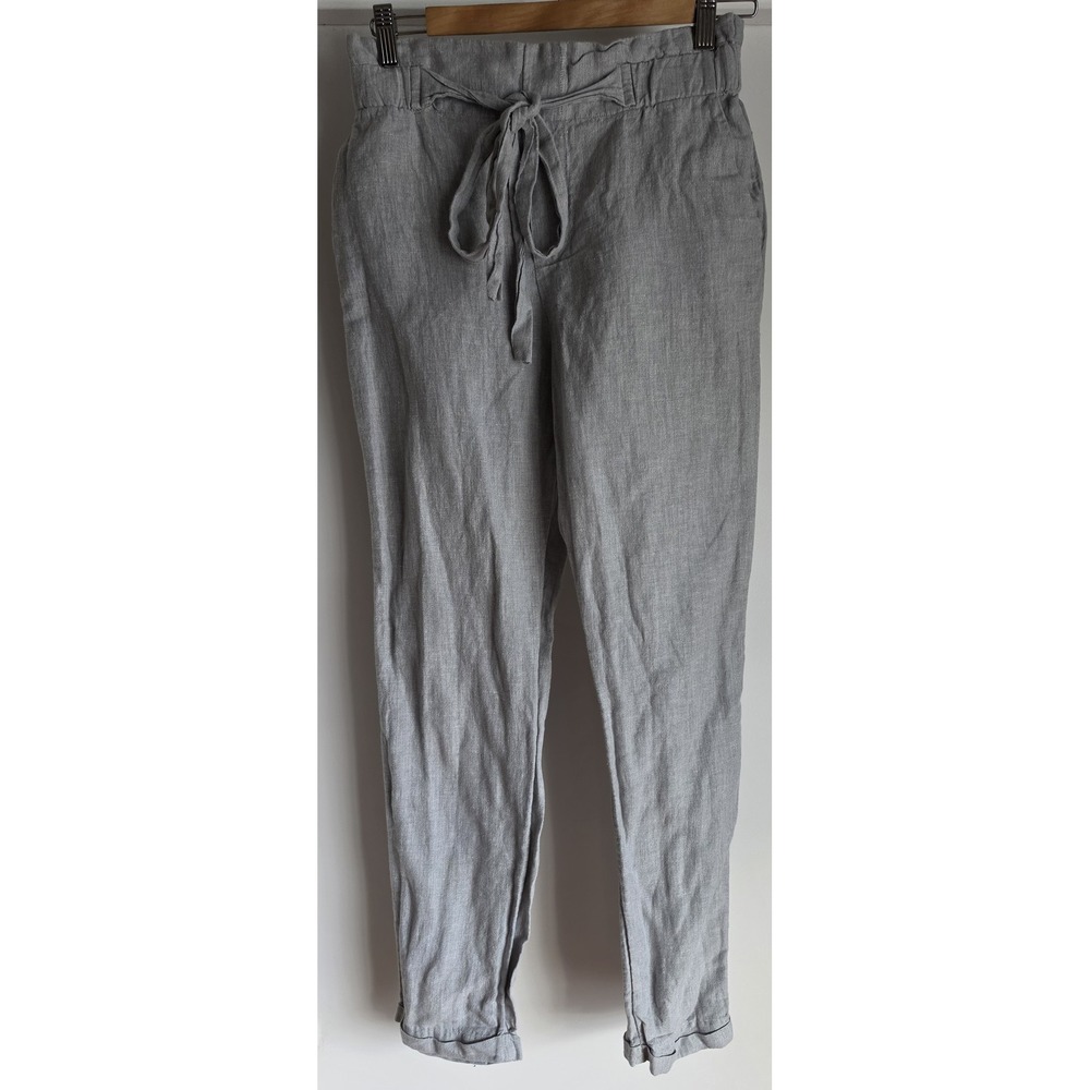 Mango Basics Linen Cotton Pants XS Grey Solid Casual Straight Trousers Slacks